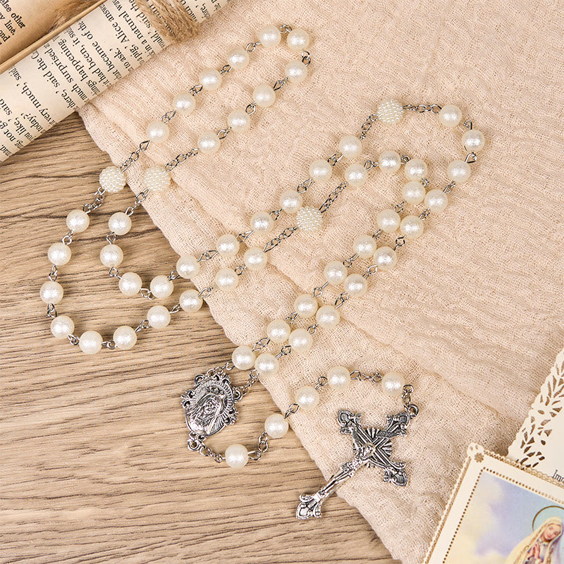 Our Lady Medal & Crucifix of 8mm White Acrylic Round Beads Rosary