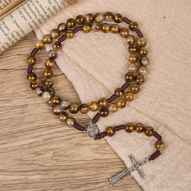 Our Lady Medal & Crucifix of 10mm Brown Acrylic Round Beads Divine Rosary