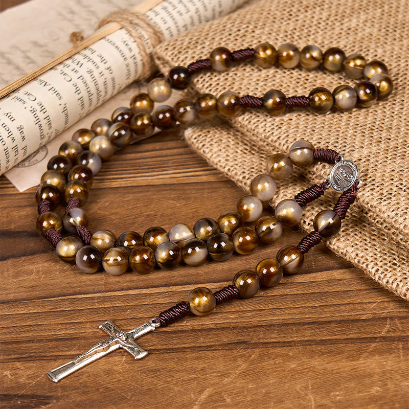 Our Lady Medal & Crucifix of 10mm Brown Acrylic Round Beads Divine Rosary