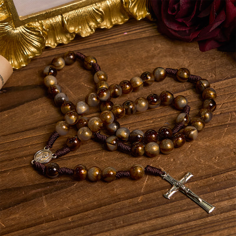 Our Lady Medal & Crucifix of 10mm Brown Acrylic Round Beads Divine Rosary