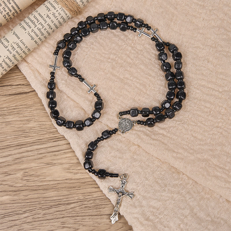 St. Benedict Medal & Crucifix of 8mm Black Wood Round Beads Rosary
