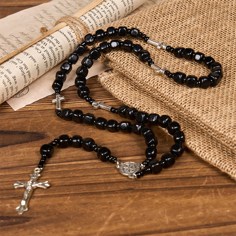 St. Benedict Medal & Crucifix of 8mm Black Wood Round Beads Rosary