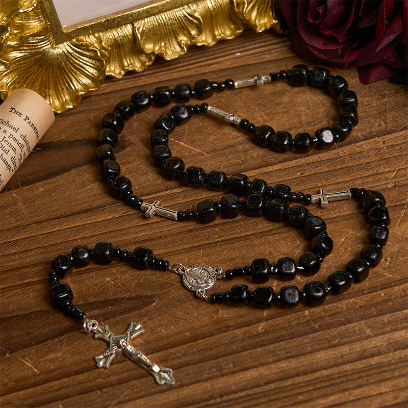 St. Benedict Medal & Crucifix of 8mm Black Wood Round Beads Rosary