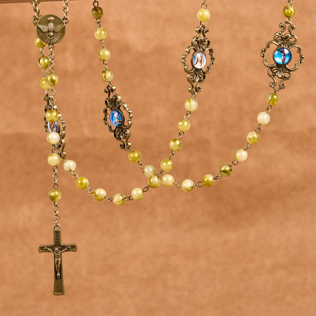 Holy Spirit & Crucifix of Special Vintage Metal Decade 8mm Yellow Green Beads Rosary