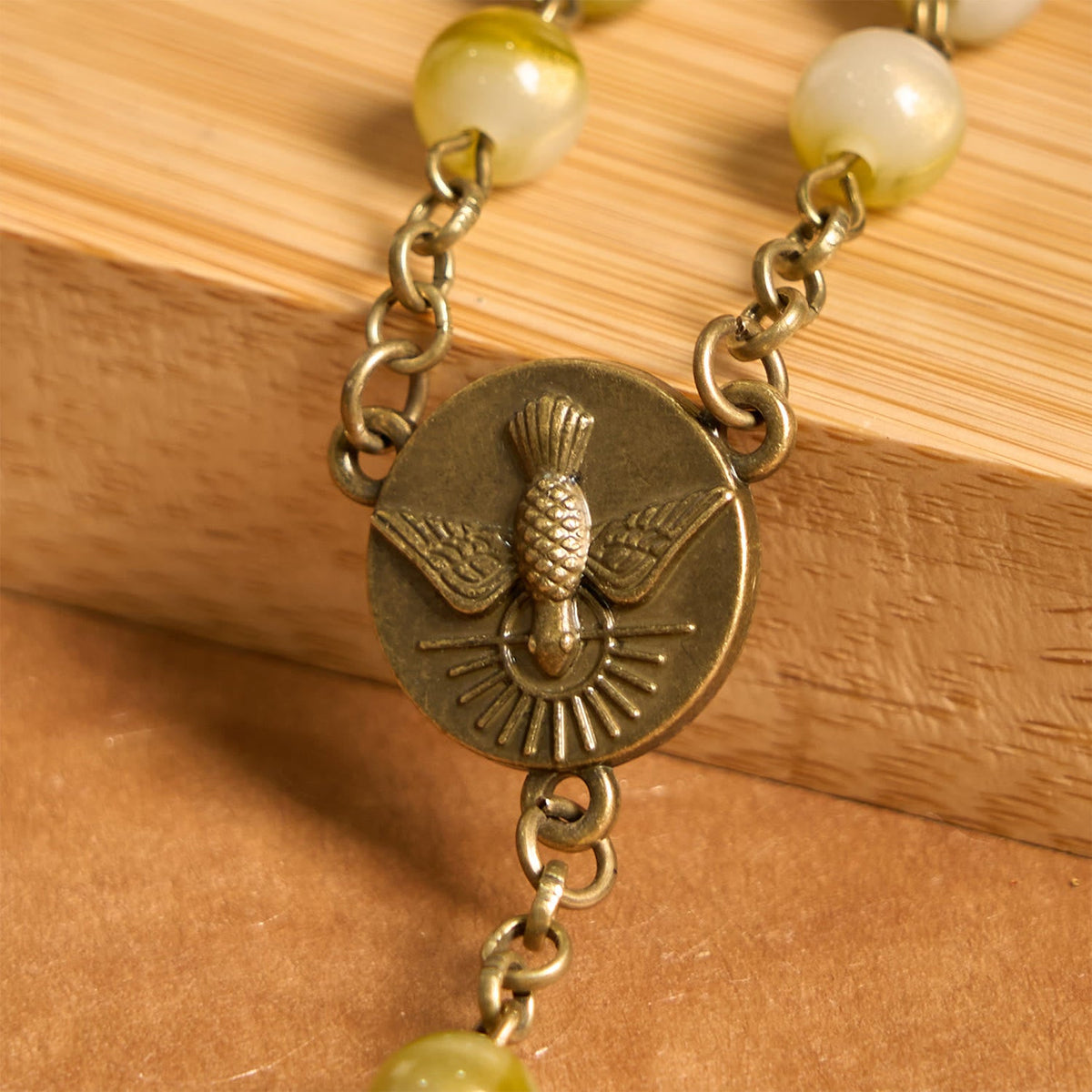 Holy Spirit & Crucifix of Special Vintage Metal Decade 8mm Yellow Green Beads Rosary