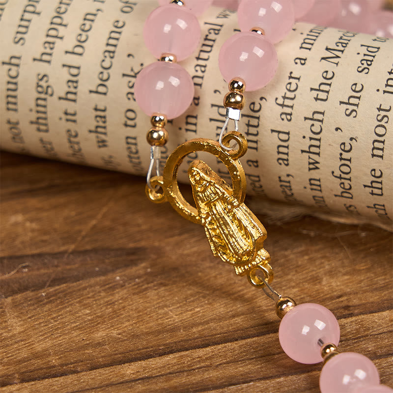 Handmade Pink Chalcedony & Porcelain Golden Sand Our Father Beads Prayer Rosary