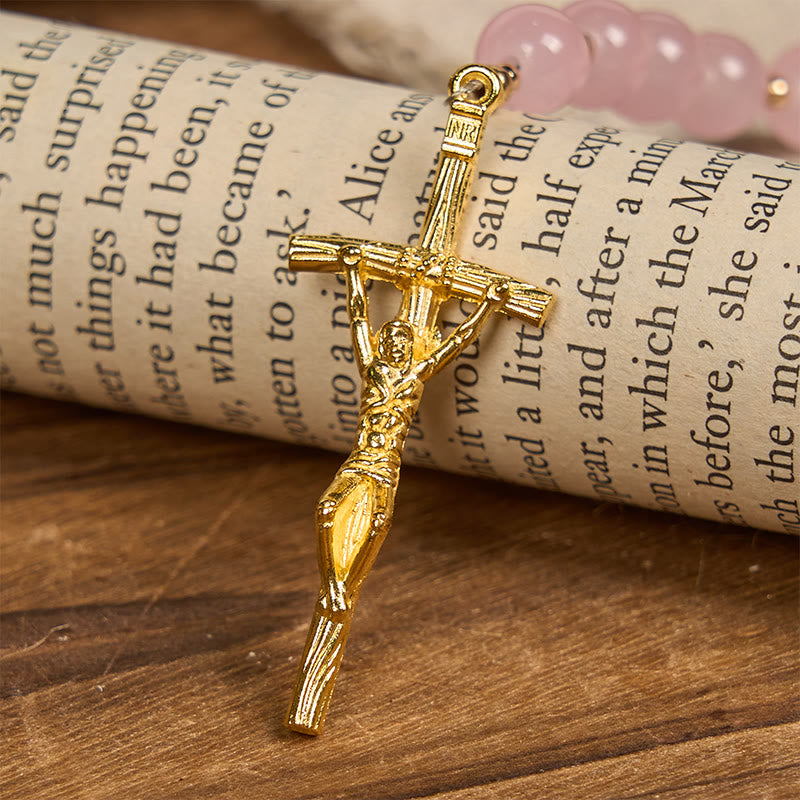 PRAYERFUL FAITH: Handmade Pink Chalcedony & Porcelain Golden Sand Beads Rosary