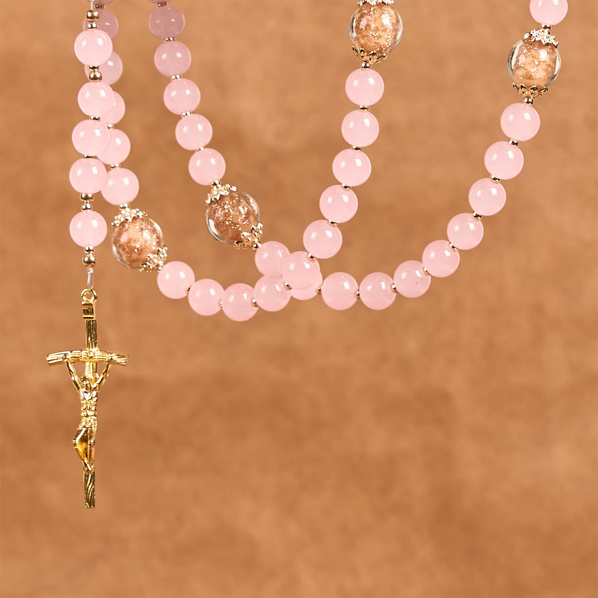 PRAYERFUL FAITH: Handmade Pink Chalcedony & Porcelain Golden Sand Beads Rosary