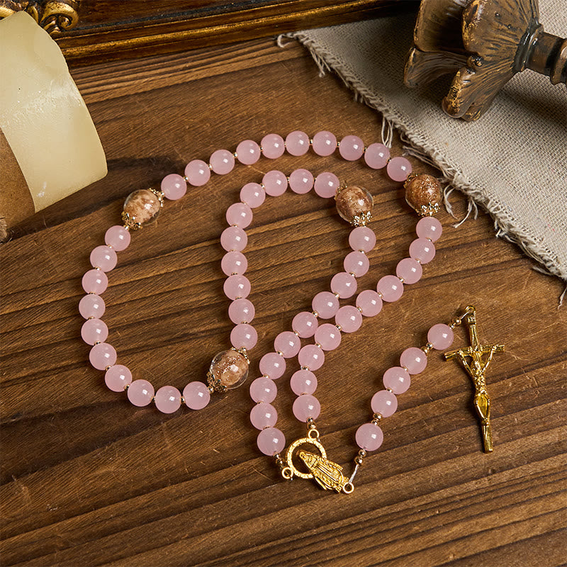 PRAYERFUL FAITH: Handmade Pink Chalcedony & Porcelain Golden Sand Beads Rosary