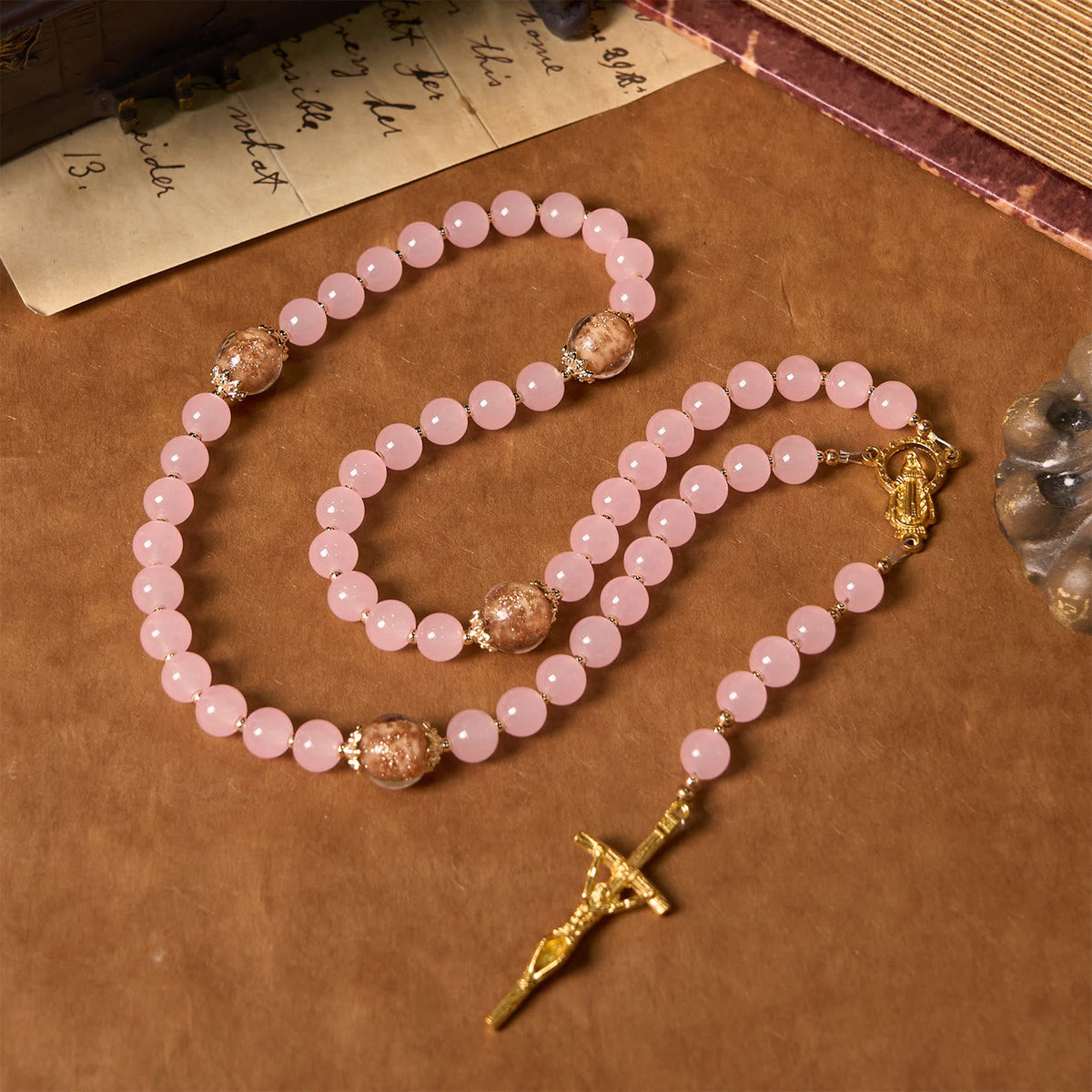 PRAYERFUL FAITH: Handmade Pink Chalcedony & Porcelain Golden Sand Beads Rosary