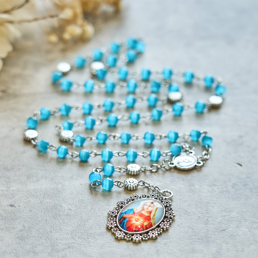 Immaculate Heart of Mary 6mm Glass Shiny Beads Lake Blue 7 Sorrows Rosary