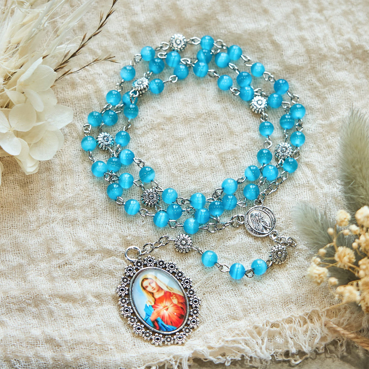 Immaculate Heart of Mary 6mm Glass Shiny Beads Lake Blue 7 Sorrows Rosary