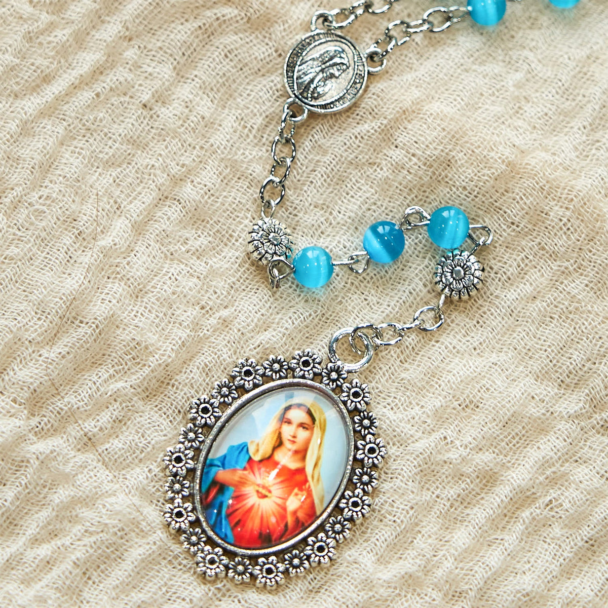 Immaculate Heart of Mary 6mm Glass Shiny Beads Lake Blue 7 Sorrows Rosary