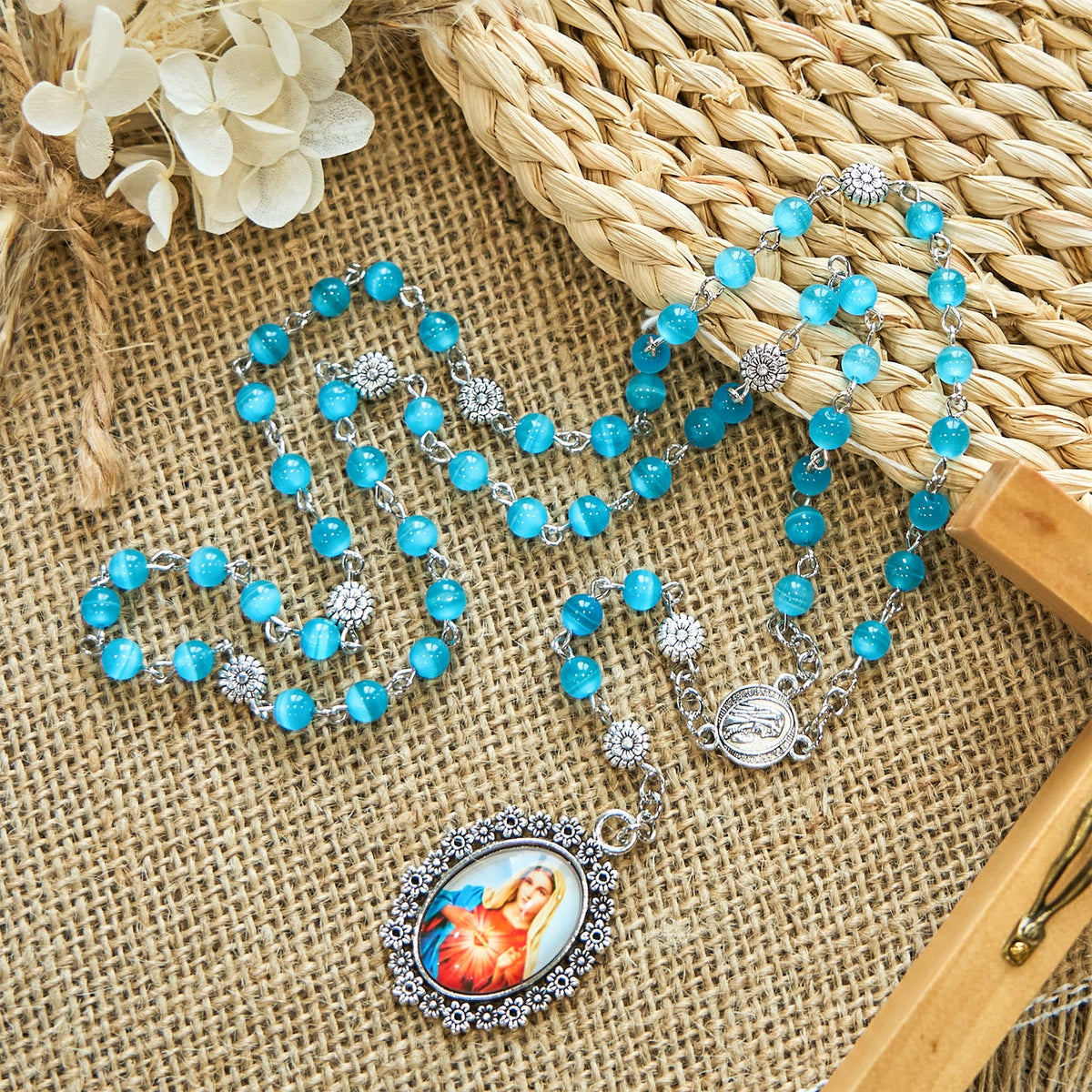 Immaculate Heart of Mary 6mm Glass Shiny Beads Lake Blue 7 Sorrows Rosary