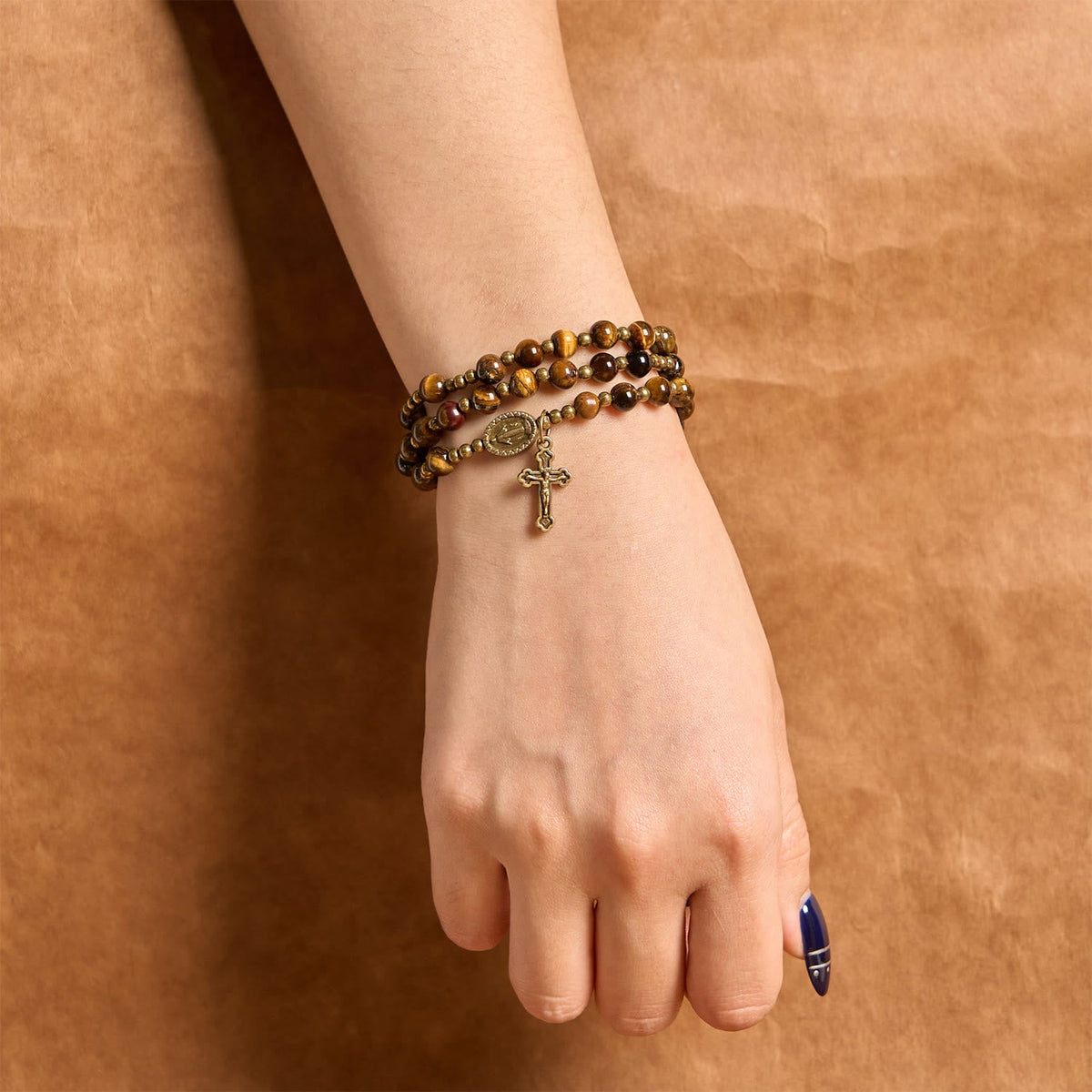 PRAYERFUL FAITH: Handmade Tiger's Eye Stone Elastic Rosary Bracelet