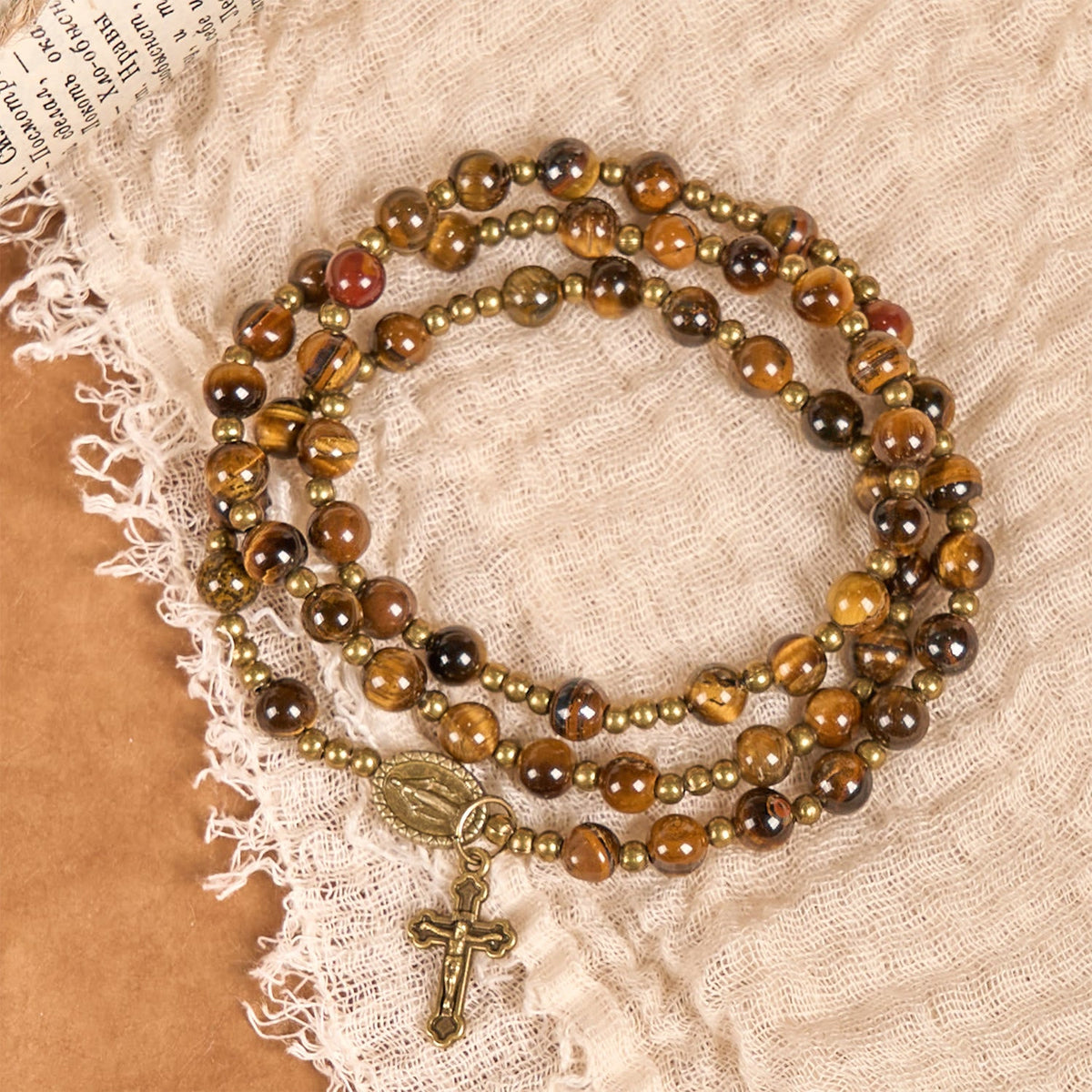 PRAYERFUL FAITH: Handmade Tiger's Eye Stone Elastic Rosary Bracelet