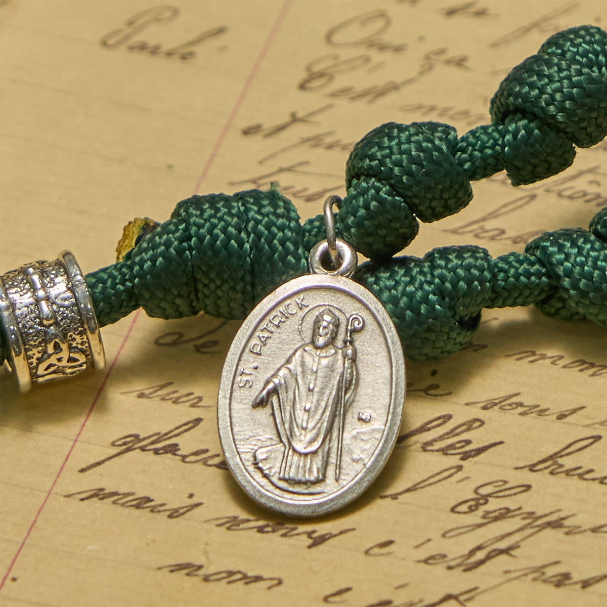 St. Patrick Medal Dark Green Celtic Style Cross Handmade Inspired Paracord Knotted Rosary