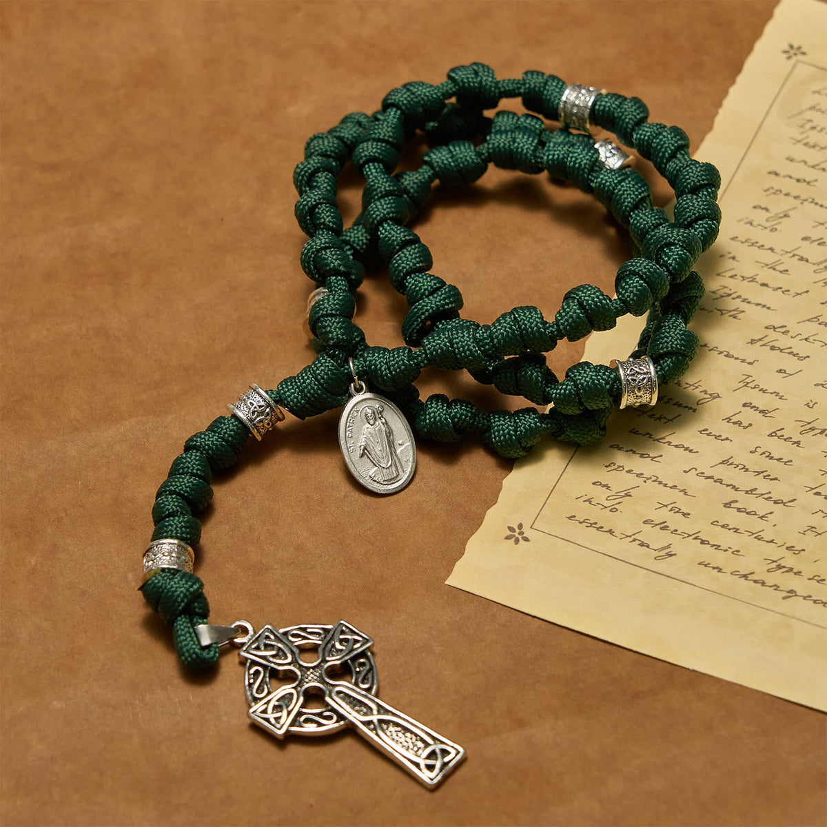 St. Patrick Medal Dark Green Celtic Style Cross Handmade Inspired Paracord Knotted Rosary