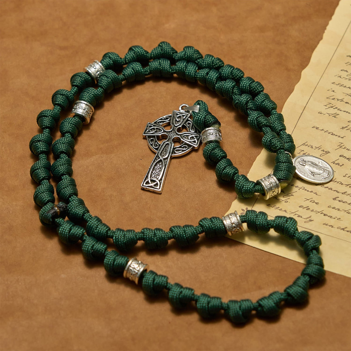 PRAYERFUL FAITH: St. Patrick Medal Dark Green Handmade Paracord Knotted Rosary