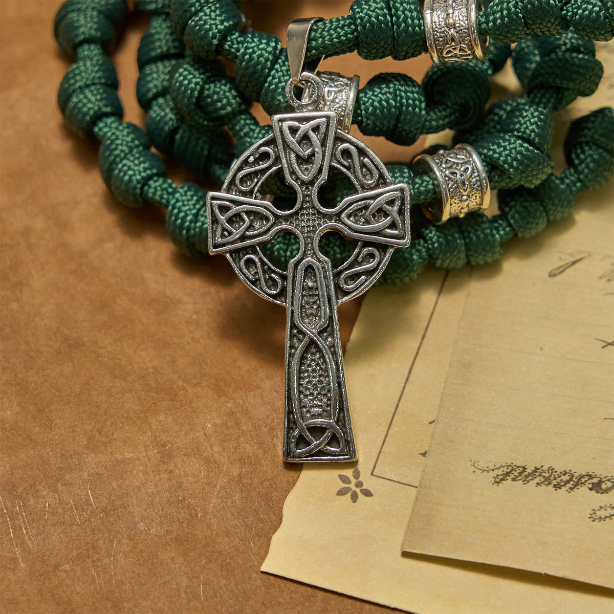 St. Patrick Medal Dark Green Celtic Style Cross Handmade Inspired Paracord Knotted Rosary