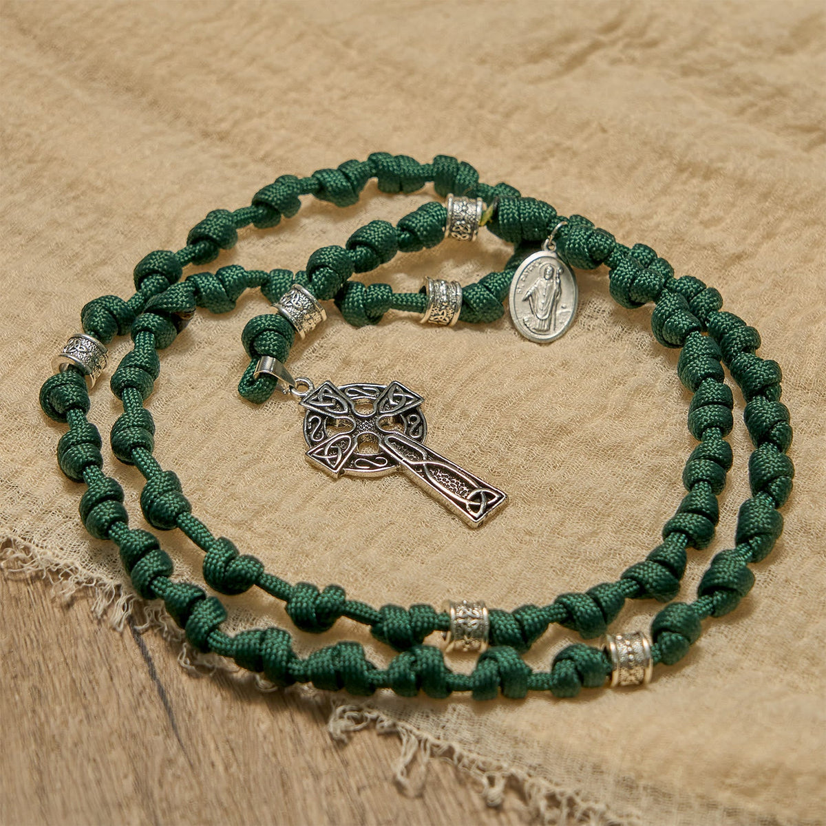 St. Patrick Medal Dark Green Celtic Style Cross Handmade Inspired Paracord Knotted Rosary