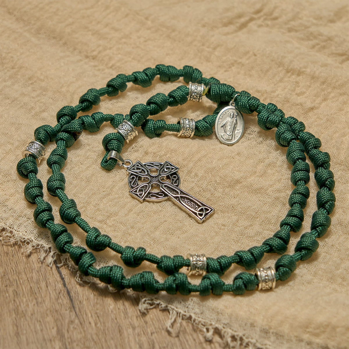 PRAYERFUL FAITH: St. Patrick Medal Dark Green Handmade Paracord Knotted Rosary