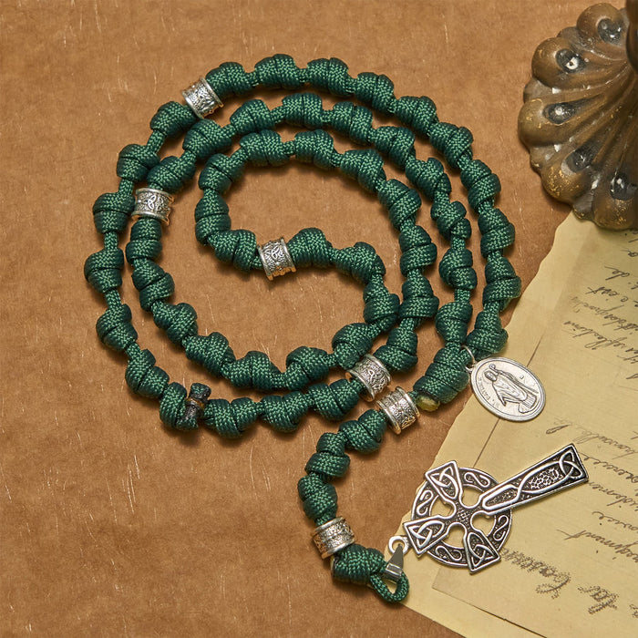 St. Patrick Medal Dark Green Celtic Style Cross Handmade Inspired Paracord Knotted Rosary