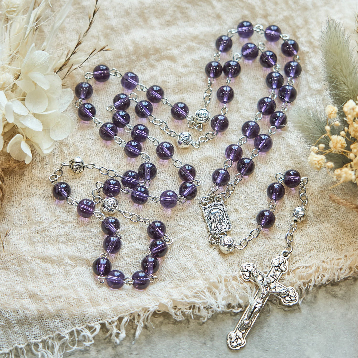 Clear Purple Glass Beads Devotion Rosary with Rose Our Father Beads