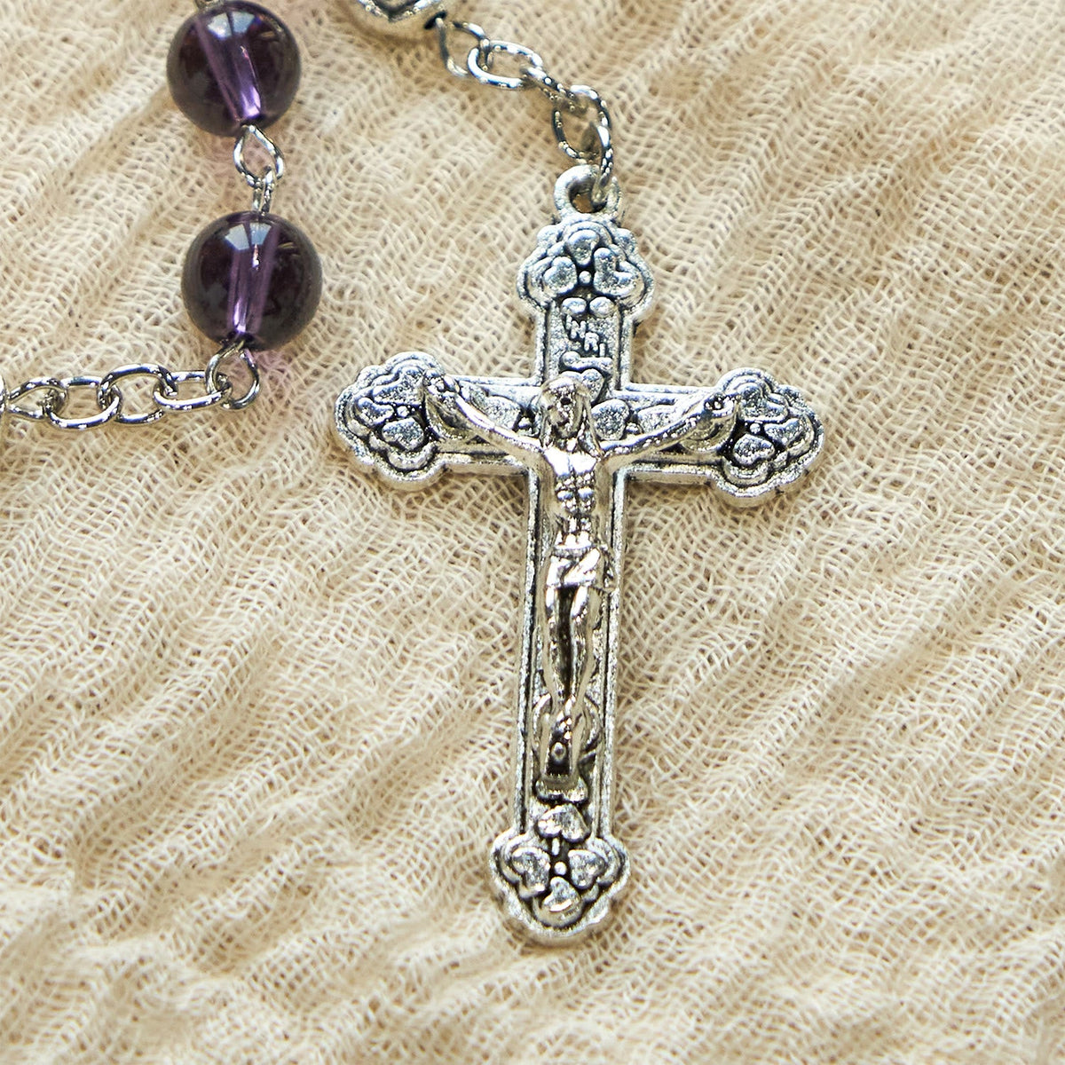 Clear Purple Glass Beads Devotion Rosary with Rose Our Father Beads