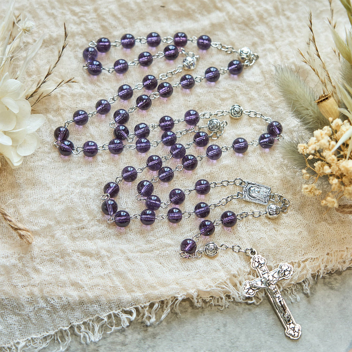 Clear Purple Glass Beads Devotion Rosary with Rose Our Father Beads