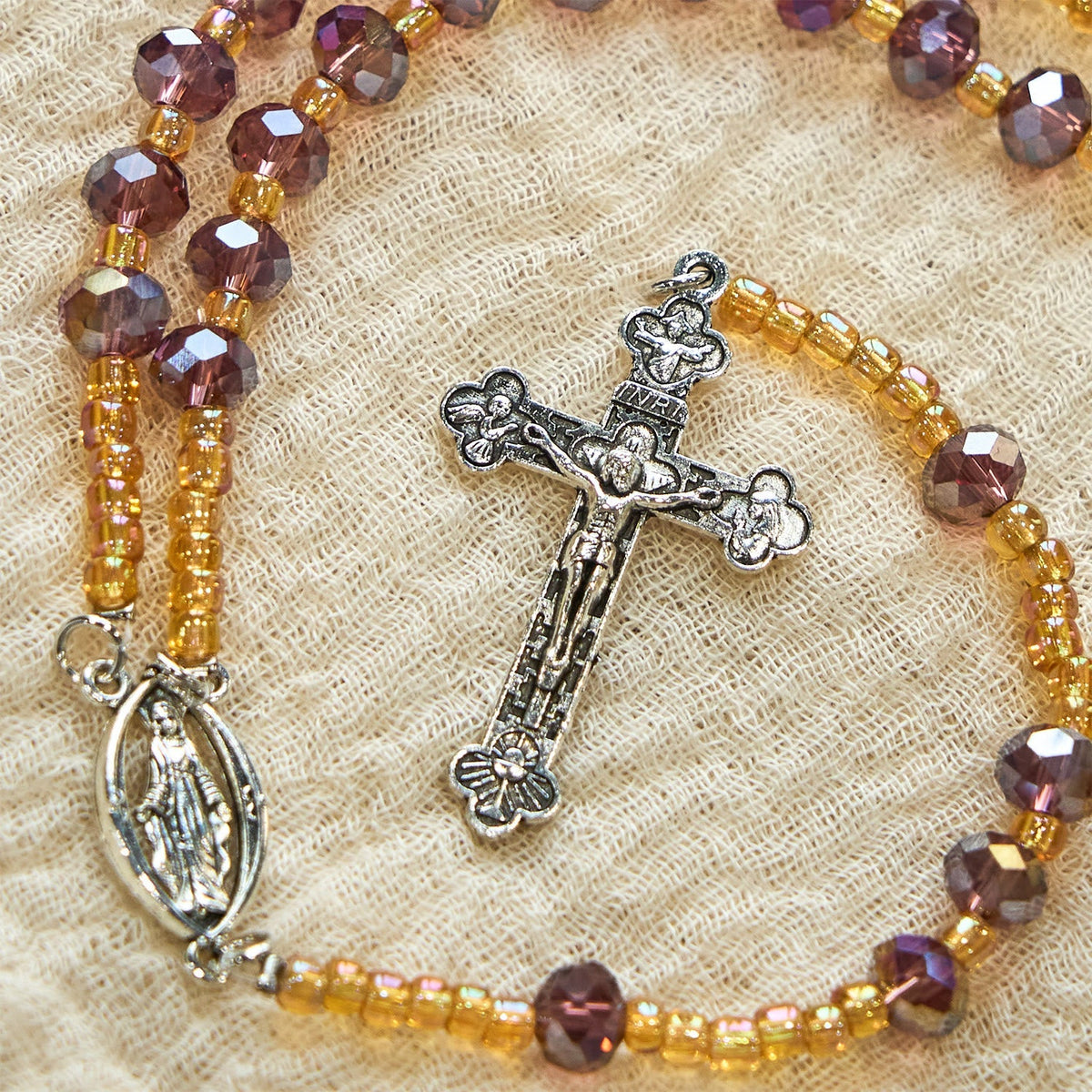 Handmade Crucifix Purple Crystal & Glass Our Lady Beads Divine Grace Rosary