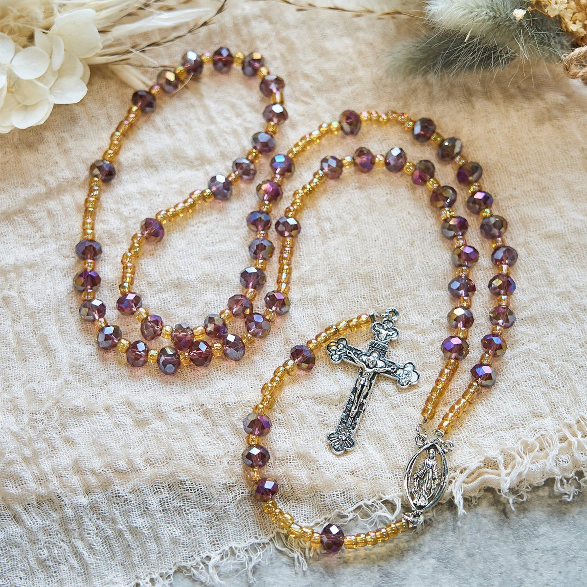 Handmade Crucifix Purple Crystal & Glass Our Lady Beads Divine Grace Rosary