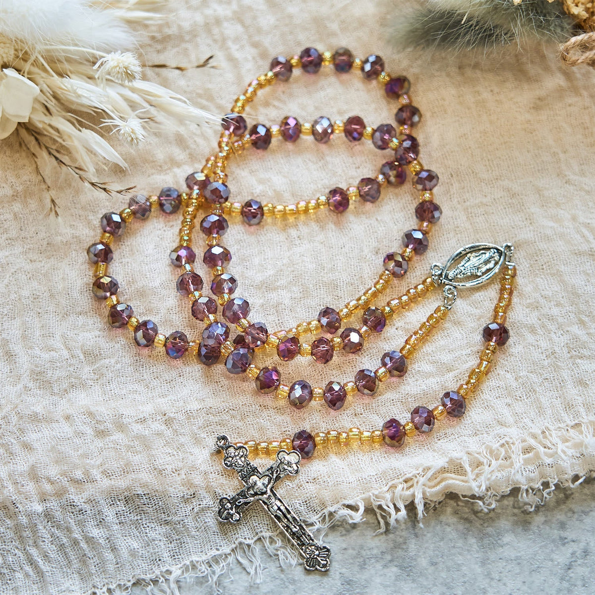 Handmade Crucifix Purple Crystal & Glass Our Lady Beads Divine Grace Rosary