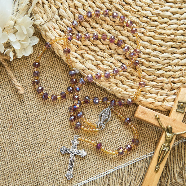 Handmade Crucifix Purple Crystal & Glass Our Lady Beads Divine Grace Rosary