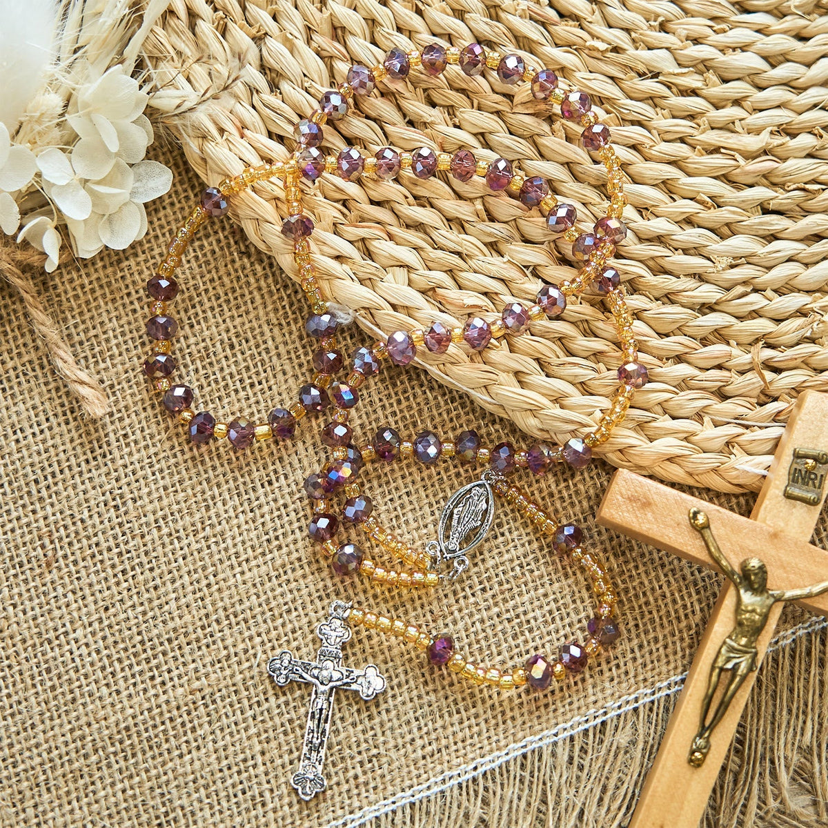 Handmade Crucifix Purple Crystal & Glass Our Lady Beads Divine Grace Rosary