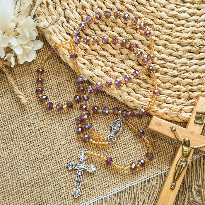 Handmade Crucifix Purple Crystal & Glass Our Lady Beads Divine Grace Rosary