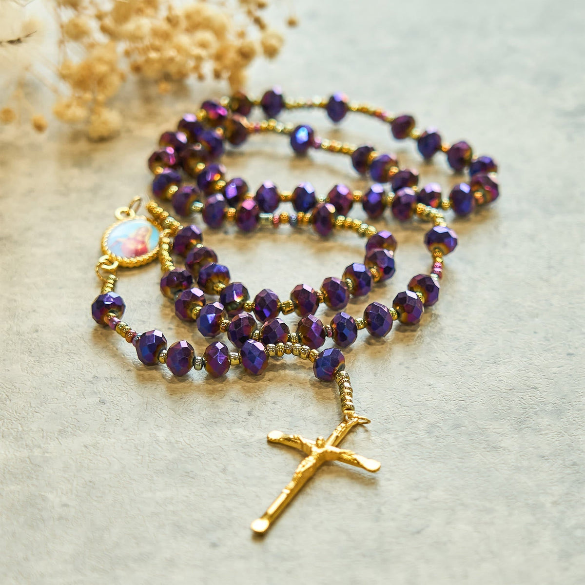Our Lady Medal & Crucifix of 8mm Purple Glass & Crystal Beads Rosary