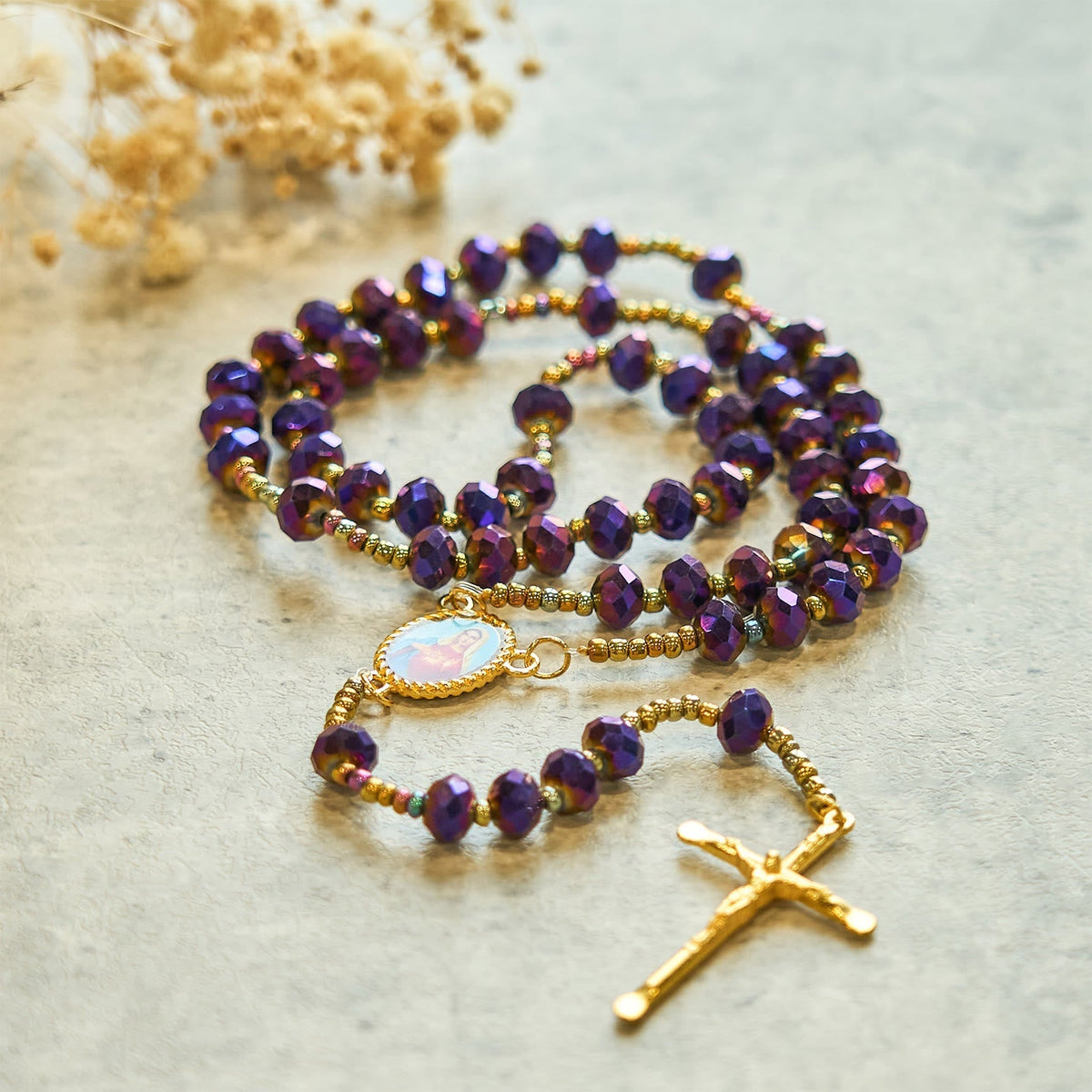 Our Lady Medal & Crucifix of 8mm Purple Glass & Crystal Beads Rosary