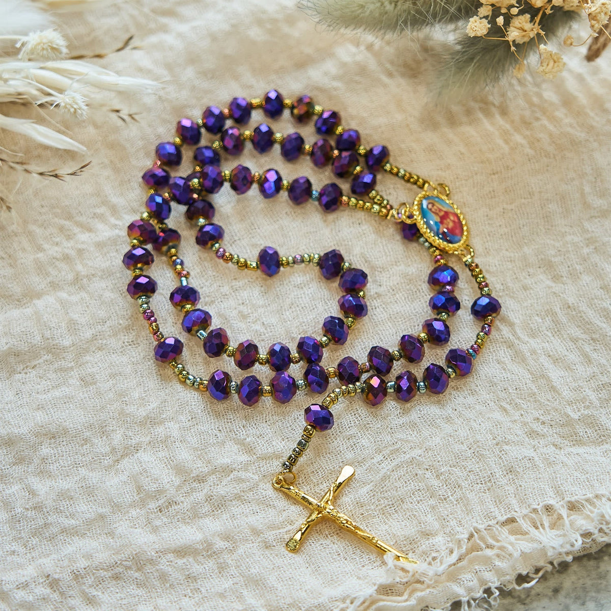 Our Lady Medal & Crucifix of 8mm Purple Glass & Crystal Beads Rosary