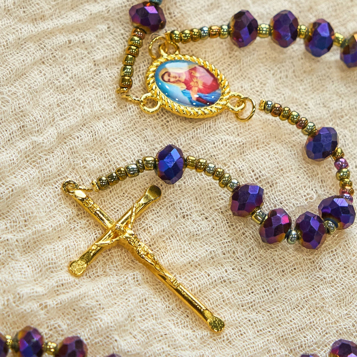 Our Lady Medal & Crucifix of 8mm Purple Glass & Crystal Beads Rosary