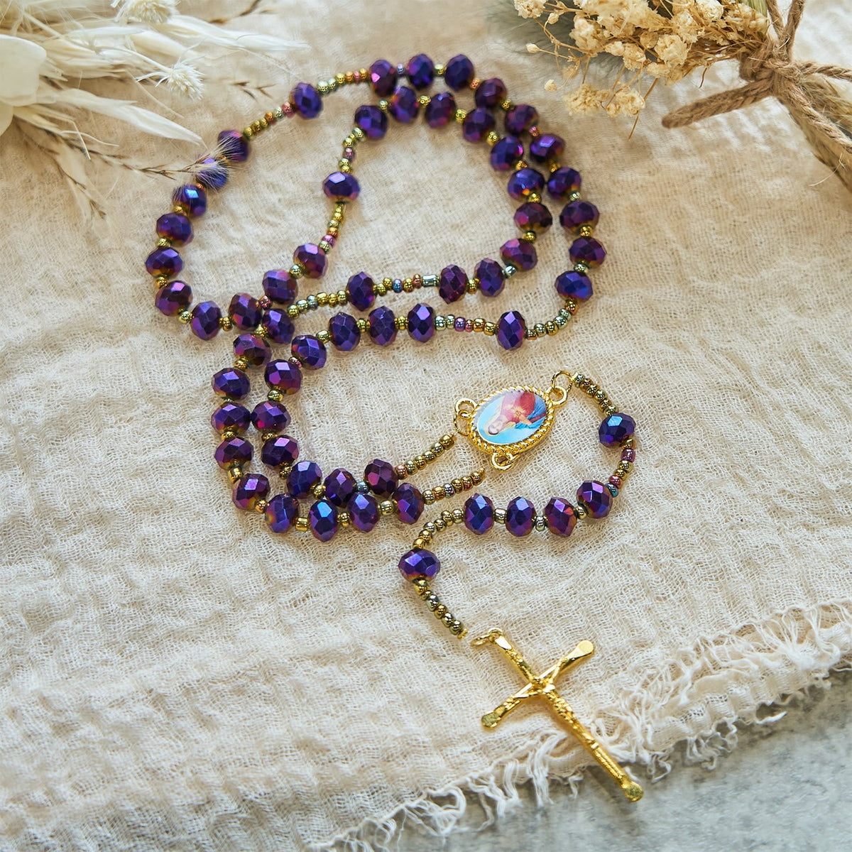 Our Lady Medal & Crucifix of 8mm Purple Glass & Crystal Beads Rosary
