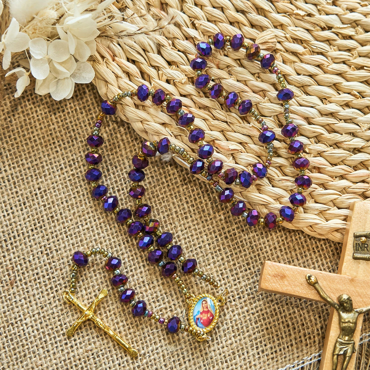 Our Lady Medal & Crucifix of 8mm Purple Glass & Crystal Beads Rosary