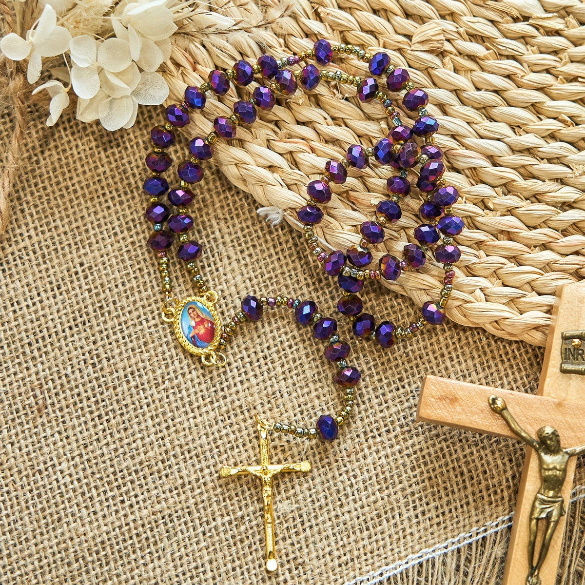Our Lady Medal & Crucifix of 8mm Purple Glass & Crystal Beads Rosary