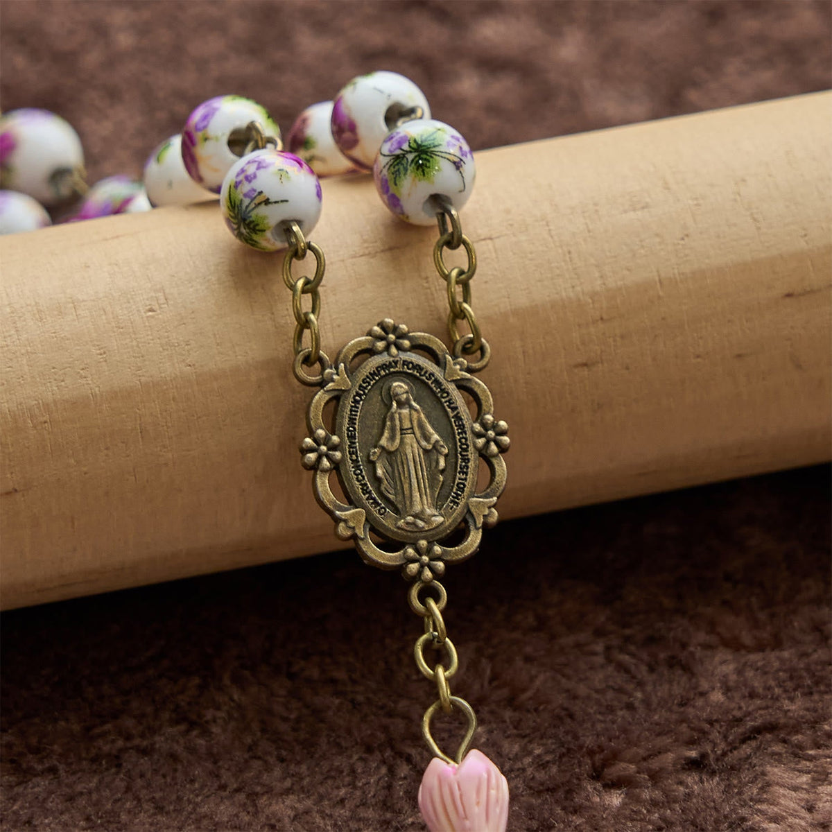 Miraculous Medal & Crucifix of 8mm Ceramic Beads & Flower Resin Beads Handmade Rosary