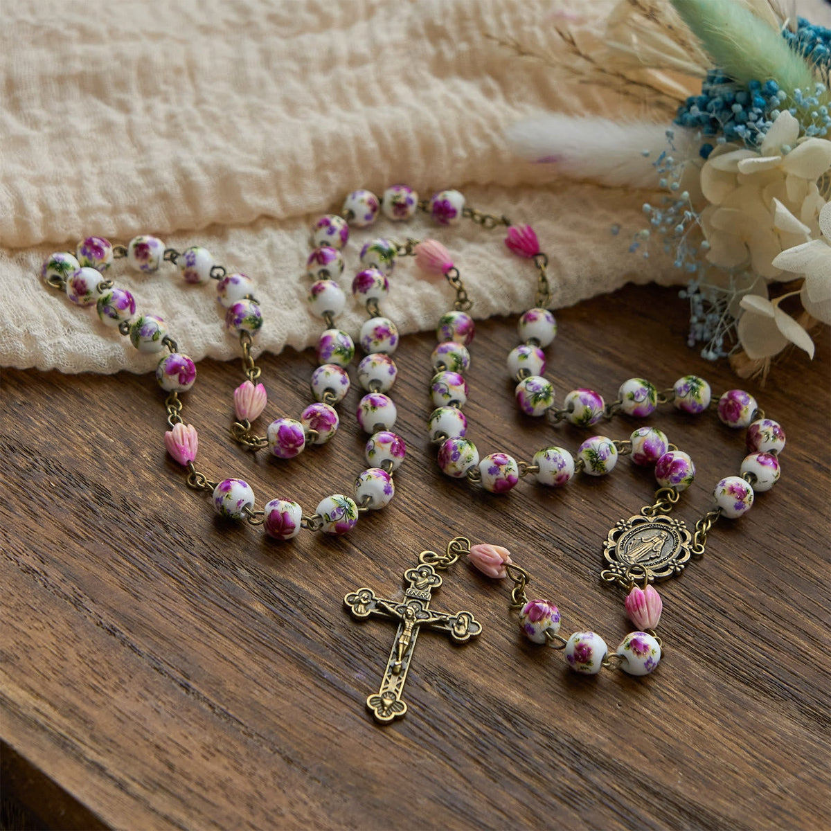 Miraculous Medal & Crucifix of 8mm Ceramic Beads & Flower Resin Beads Handmade Rosary