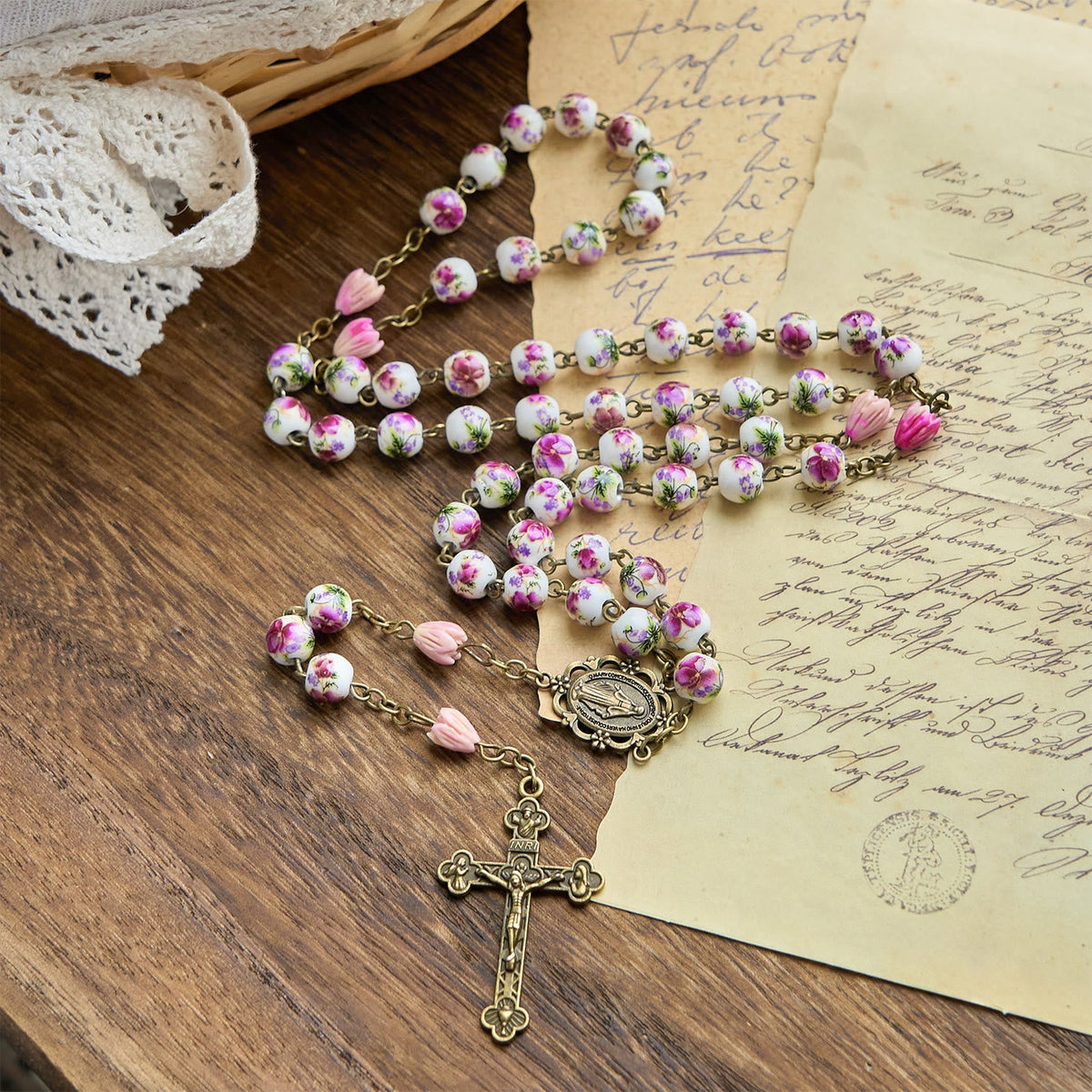 Miraculous Medal & Crucifix of 8mm Ceramic Beads & Flower Resin Beads Handmade Rosary