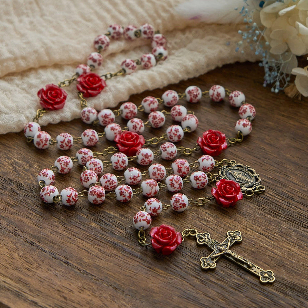 Miraculous Medal & Crucifix of 8mm Ceramic Beads & Rose Cinnabar Beads Handmade Rosary