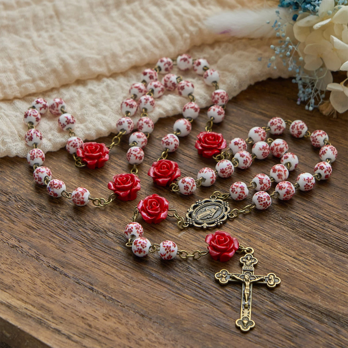 Miraculous Medal & Crucifix of 8mm Ceramic Beads & Rose Cinnabar Beads Handmade Rosary