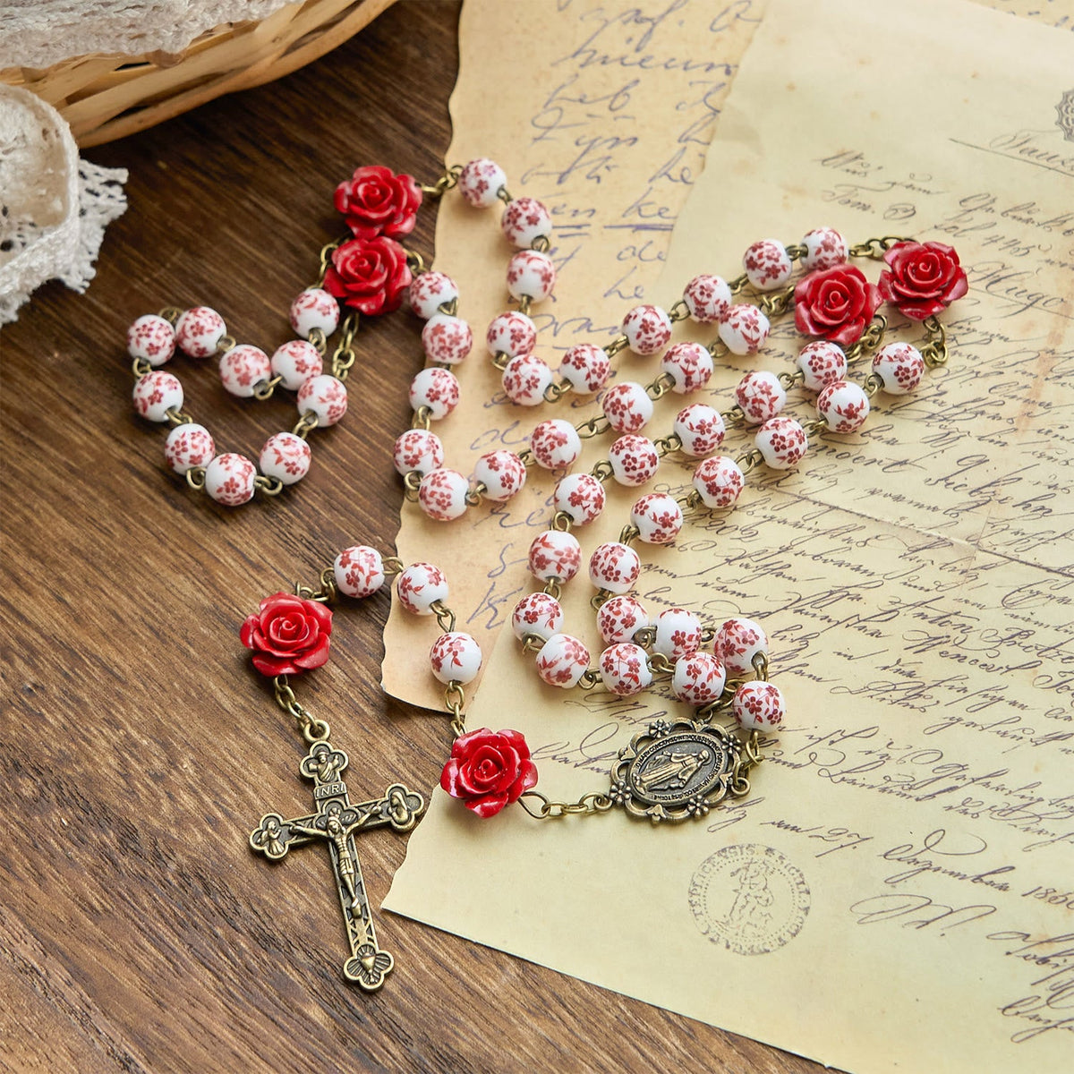 PRAYERFUL FAITH:Handmade Rose Cinnabar Beads Rosary with Gift Card