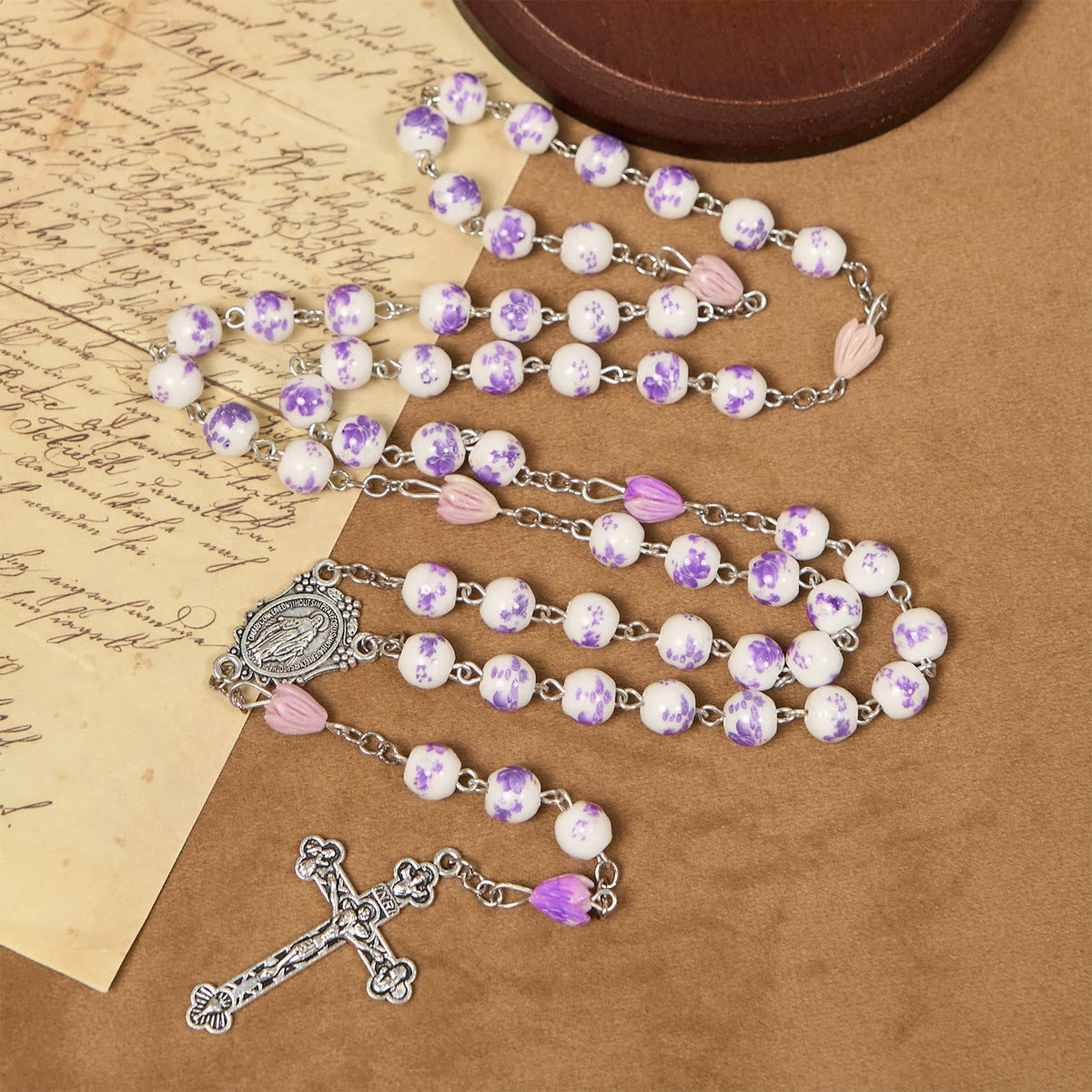 Miraculous Medal & Crucifix of 8mm Ceramics Beads Handmade Rosary